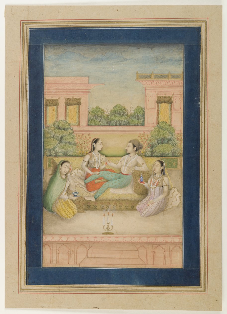 A Prince and his Consort on a Terrace, ca. 1800 (ugjennomsiktig wc på papir) av Indian School