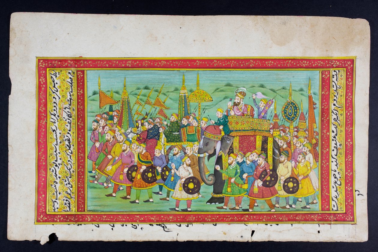 En dignitær rir på ryggen til en elefant i en howdah med en mahout eller elefantsjåfør, Rajasthani miniatyrmaleri (wc på papir) av Indian School