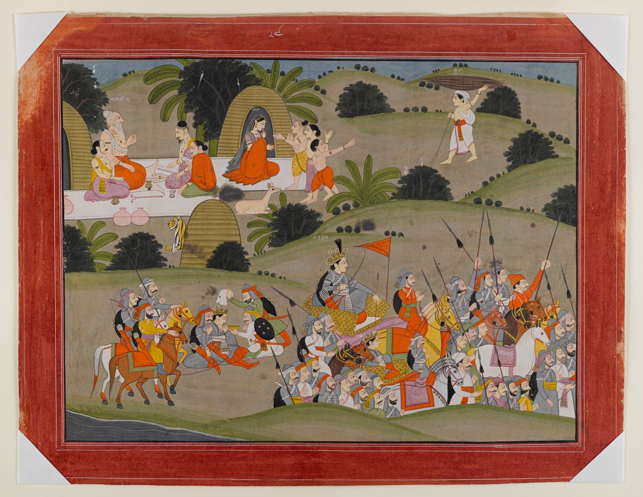 Kamp mellom Lava og Ramas bror, Shatrughna, nær eremitasjen til Valmiki, Page from a Dispersed Ramayana Series, ca. 1820 (ugjennomsiktig wc og gull på papir) av Indian School