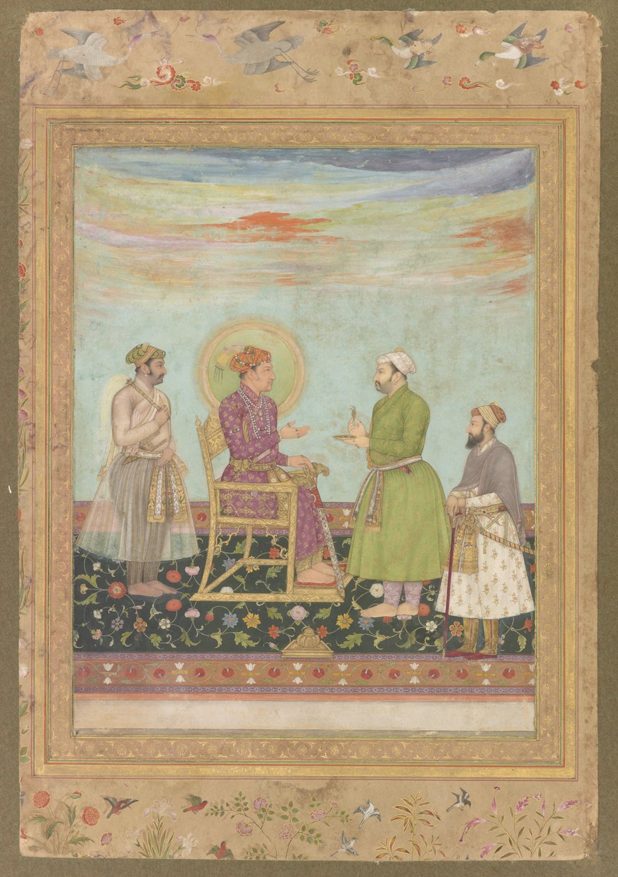Jahangir med Asaf Khan og Shayista Khan, fra Late Shah Jahan Album, ca. 1650 (wc, blekk og gull på papir) av Indian School
