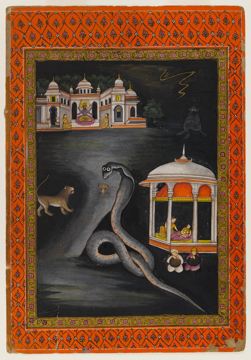 Krishna bar over elven, første halvdel av 1800-tallet (wc & gull på papir) av Indian School