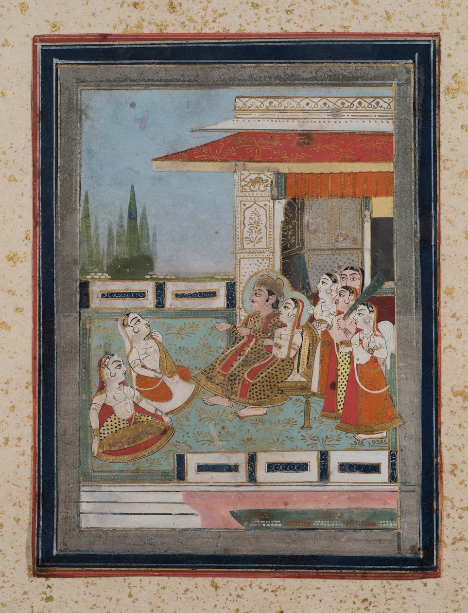 Prins og prinsesse lytter til musikere, ca. 1840 (gouache på papir, gullpynt) av Indian School