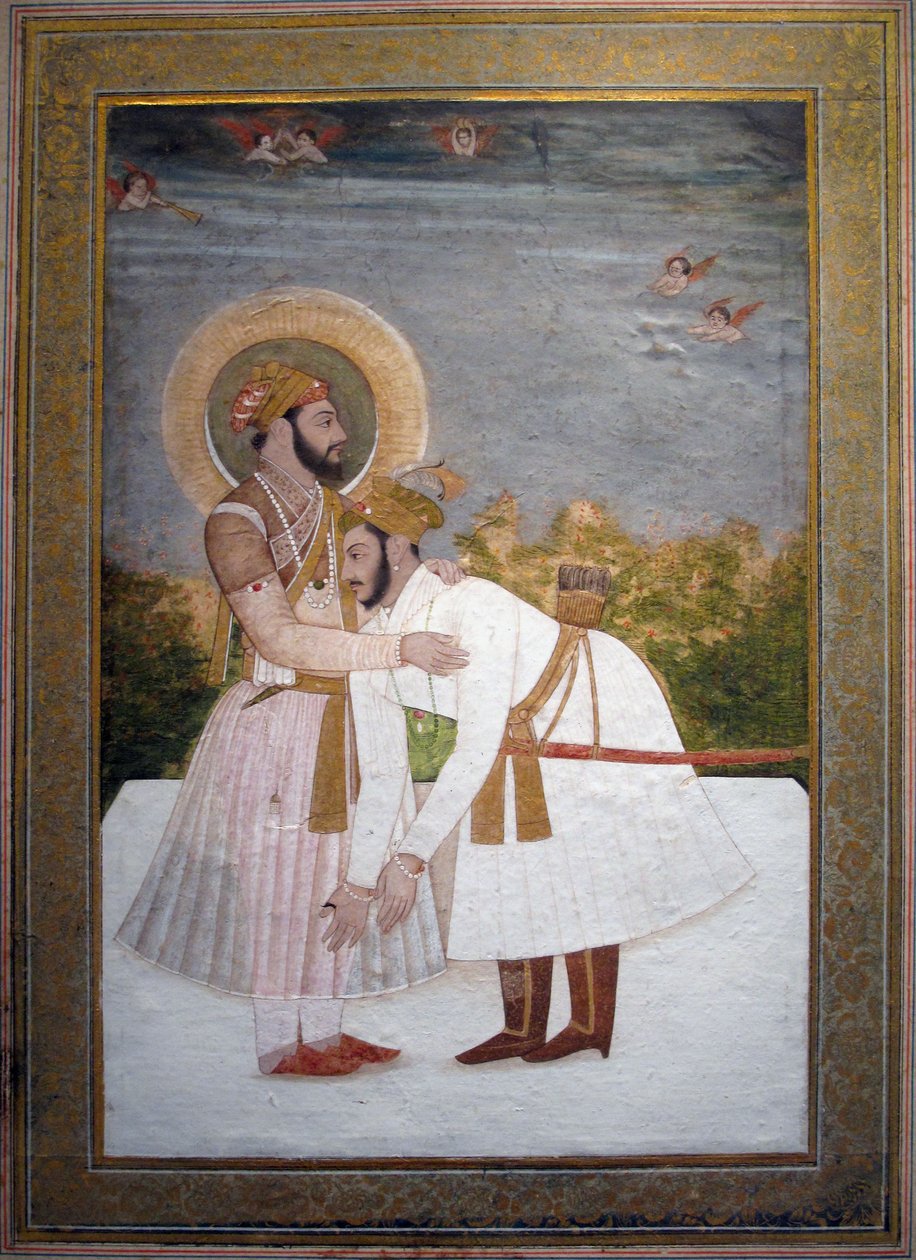 Shah Jahan omfavner sønnen Aurangzeb, ca. 1750 (gouache og gull) av Indian School
