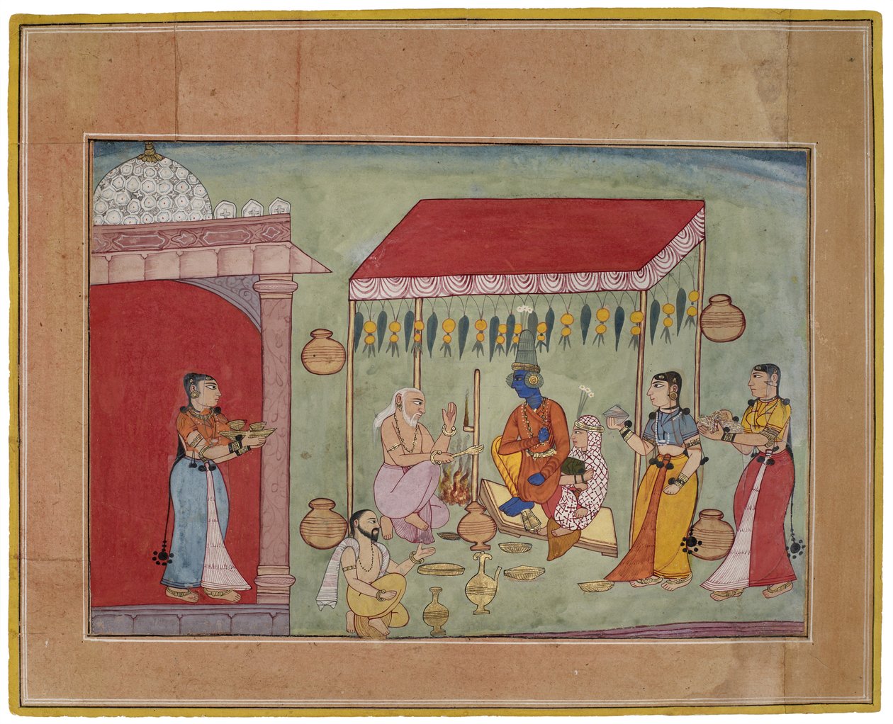 Krishnas og Rukminis ekteskap, 1590-1600 (gouache med gull på papir) av Indian School