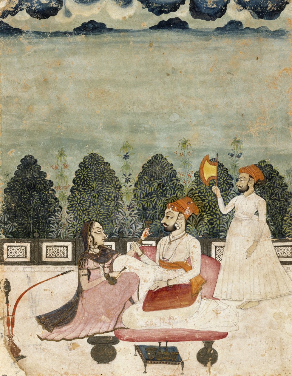 Uten tittel (to menn og kvinne på terrassen), 1700-tallet (tempera på lagt papir) av Indian School