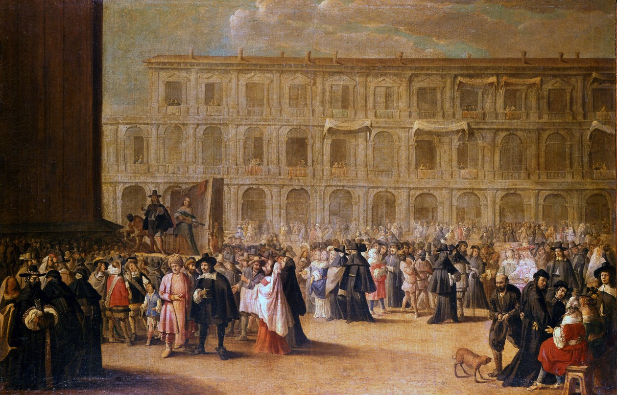 Skuespillere foran en representasjon av Markusplassen av Italian School