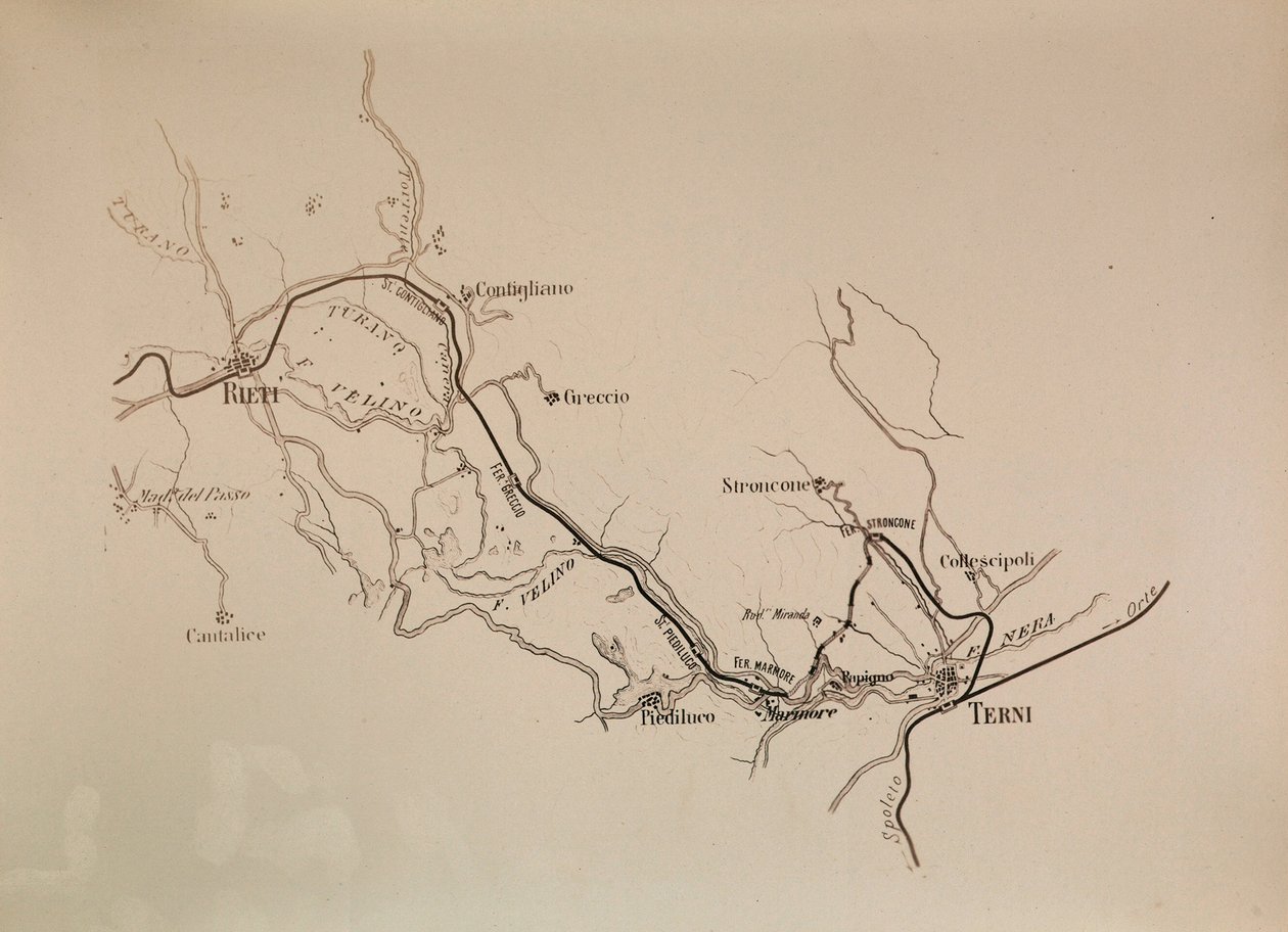 Societa Italiana for de sørlige jernbanesporene: kart over Terni-Rieti jernbanelinje, 1883 av Italian School