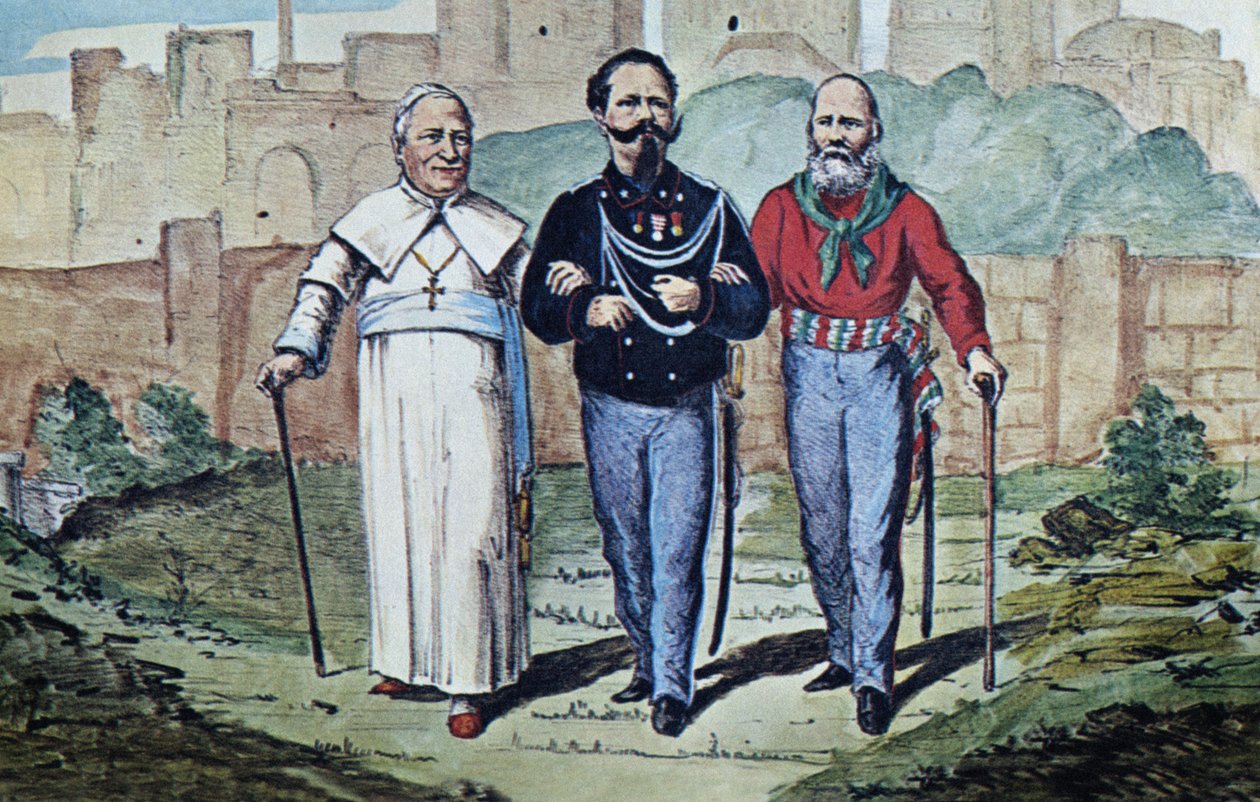 Den perfekte treenigheten: pave Pius IX, Victor Emmanuel II og Garibaldi, 1870 (akvarelltrykk) av Italian School