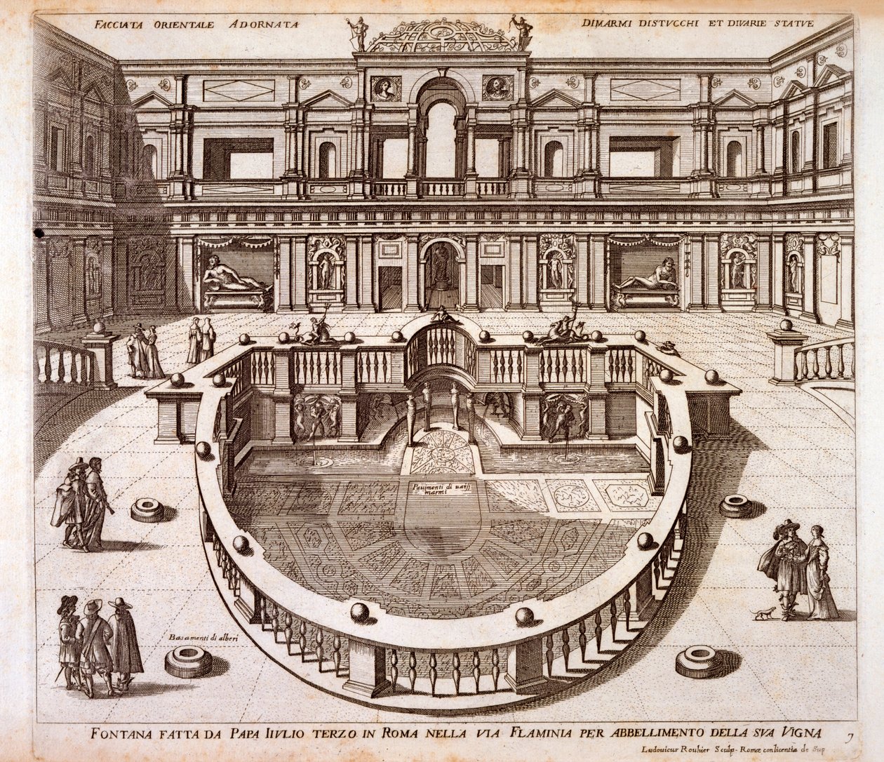 Fontenegårdsplassen med marmorbelegg og balustrader bygget for pave Julius III ved hans palass nær Via Flaminia, Roma av Italian School