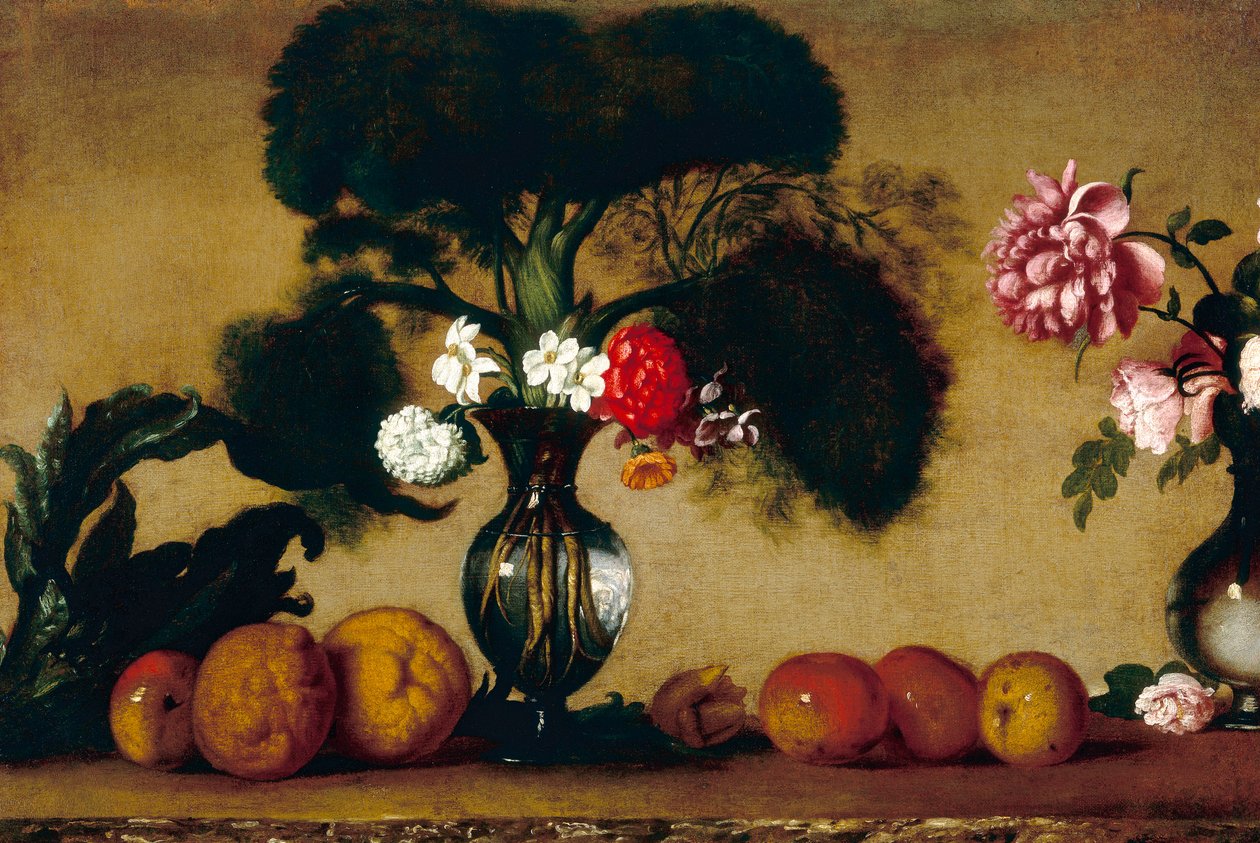 To vaser, med blomster, frukt og en artisjokk av Italian School