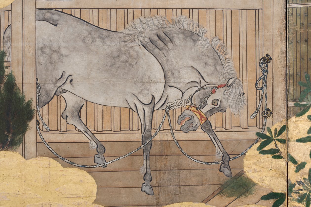 Detalj av våren i palasset, seksdelt skjerm fra The Tale of Genji, ca. 1650 (blekk, farger og gull på papir) av Japanese School