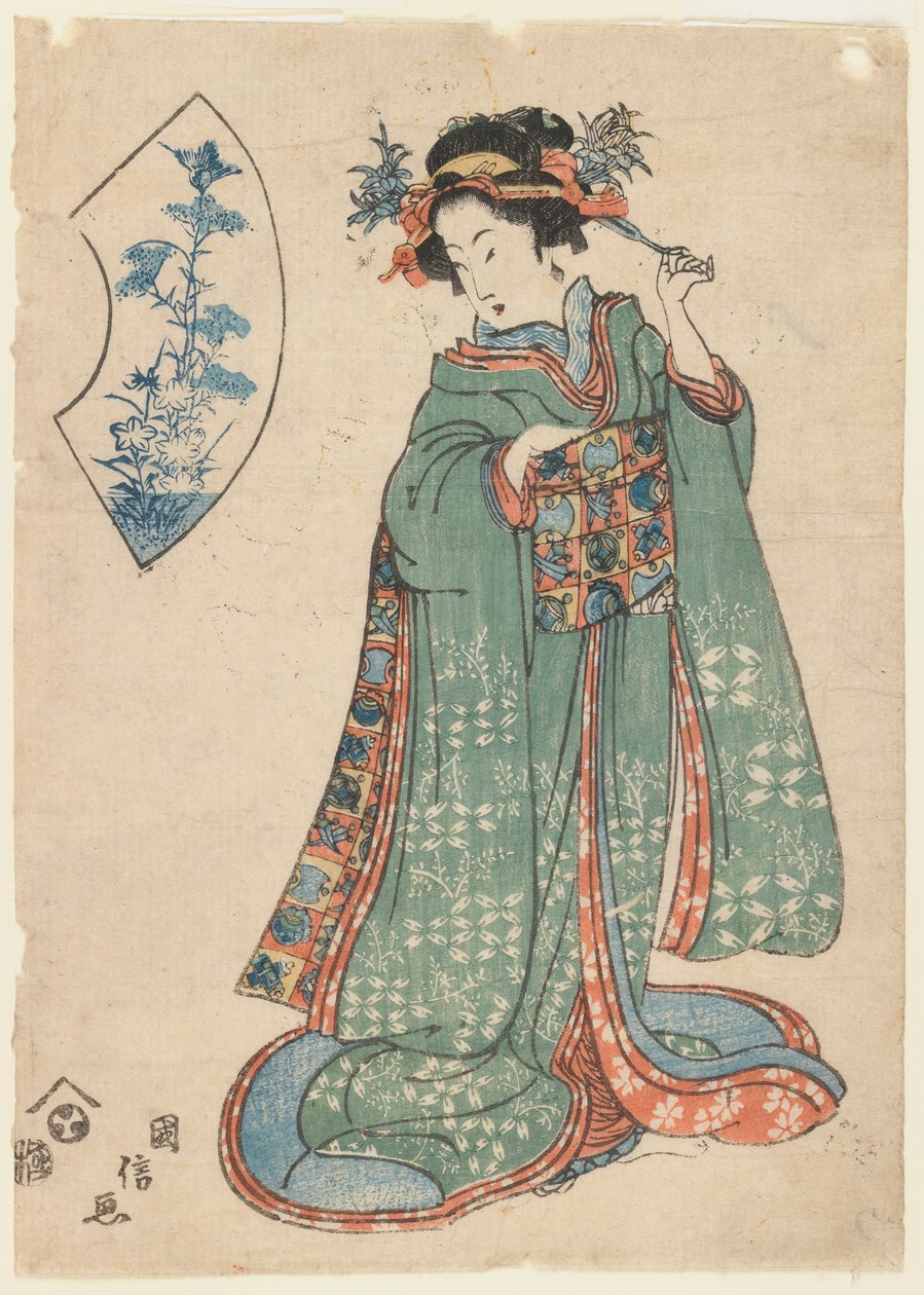 Kuninobu, A Woman Festening Her Hair Ornament, ca. 1815-1820 (treblokktrykk) av Japanese School