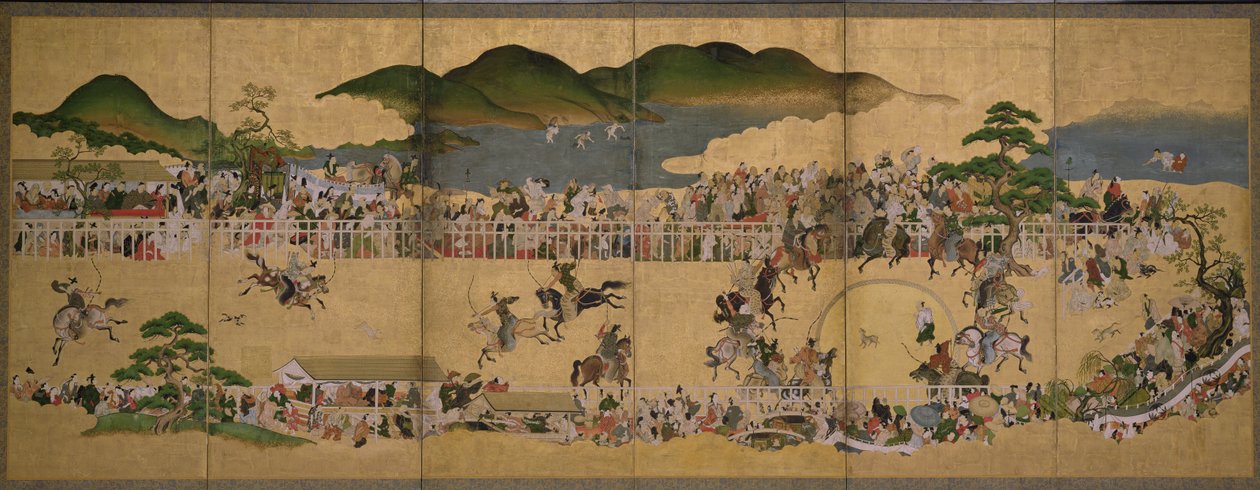 Seksdelt skjerm som viser en hundejaktkonkurranse, japansk, 1624-43 (blekk, maling og gull på papir) av Japanese School