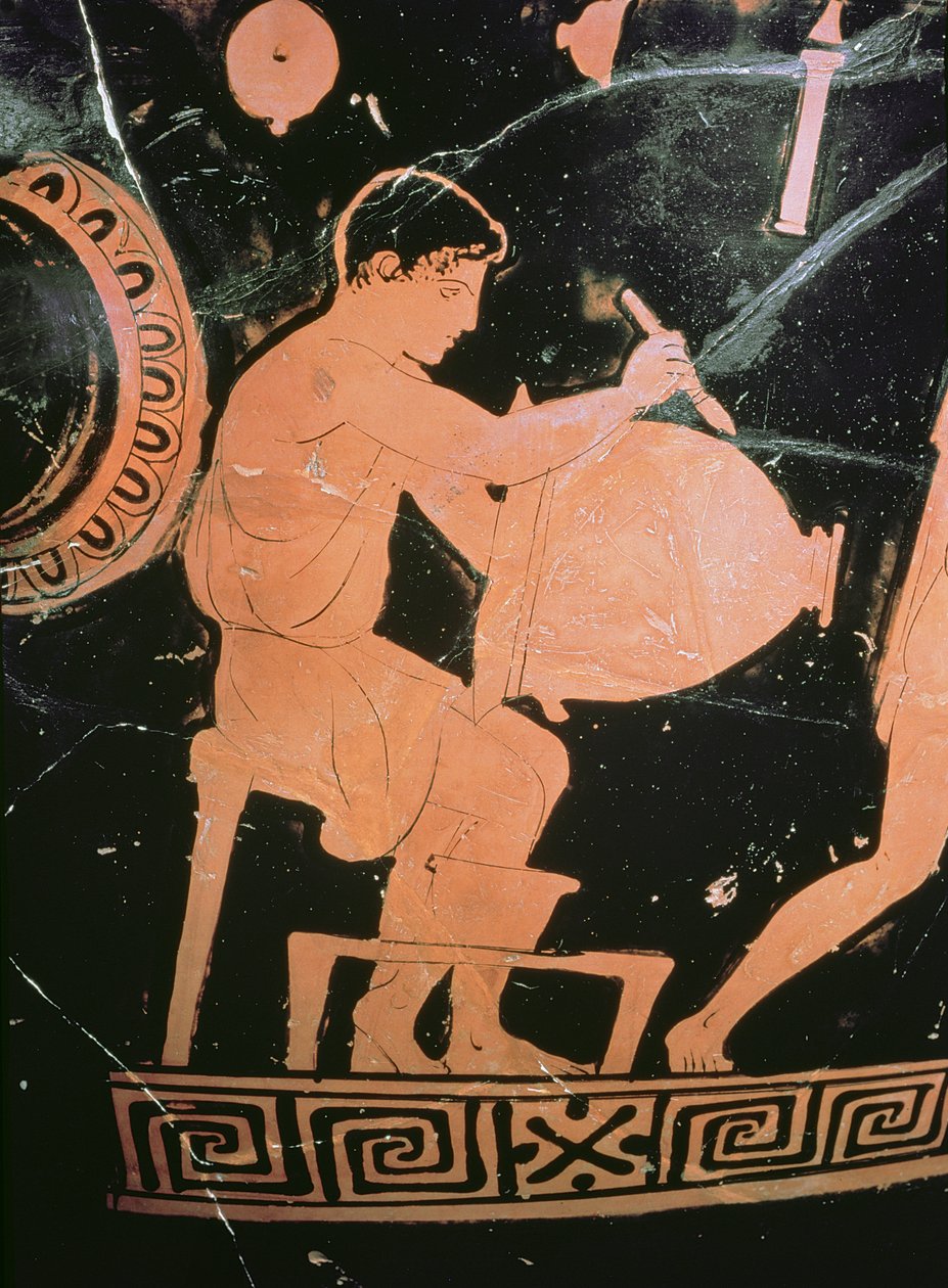 Lofts klokkekrater med røde figurer, detalj som viser en keramiker som maler et klokkekrater, ca. 430-425 f.Kr. (keramikk) (detalj fra 100556) av Komaris Painter