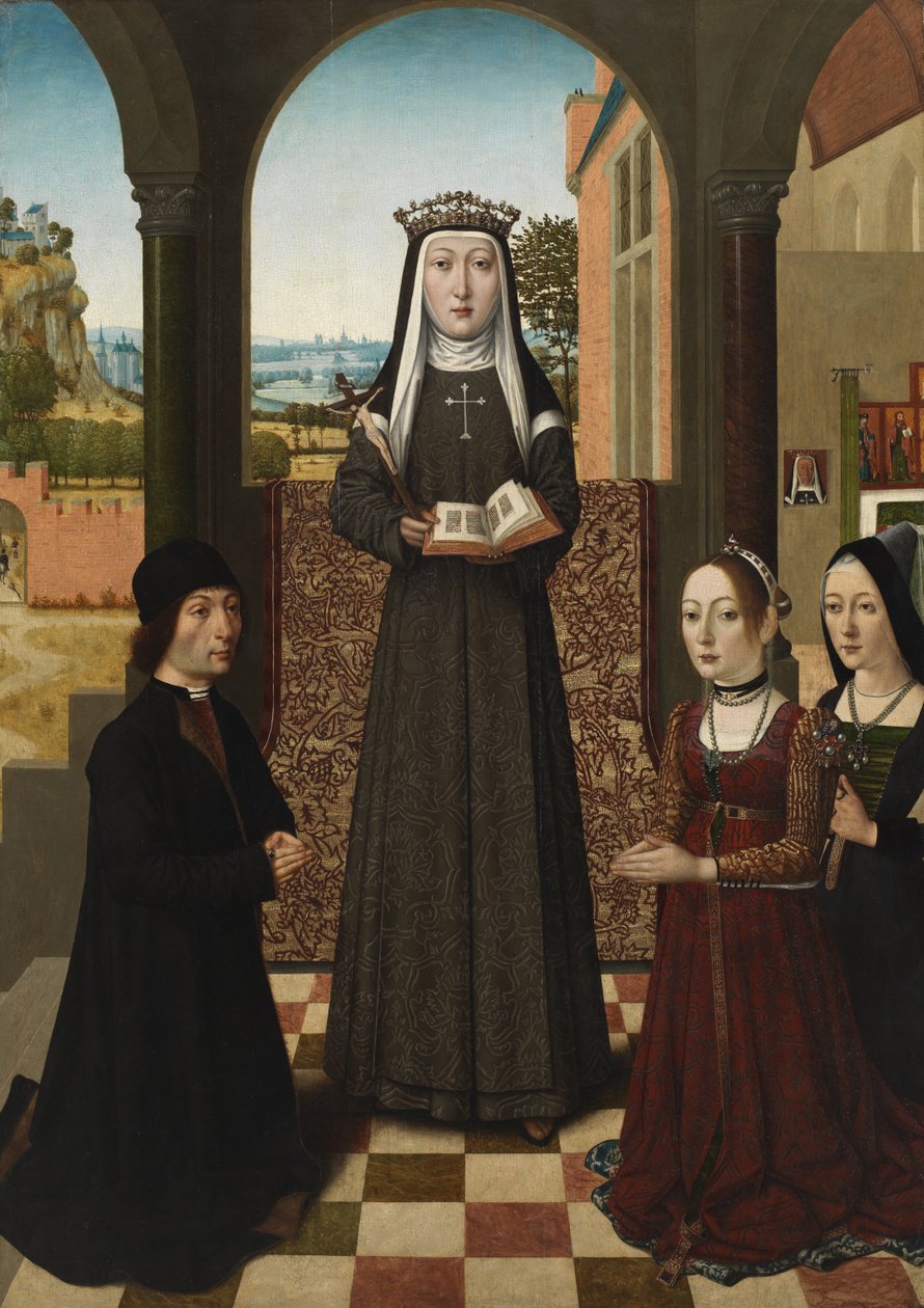 St. Katarina av Bologna med tre givere, ca. 1470-80 av Master of the Baroncelli Portraits