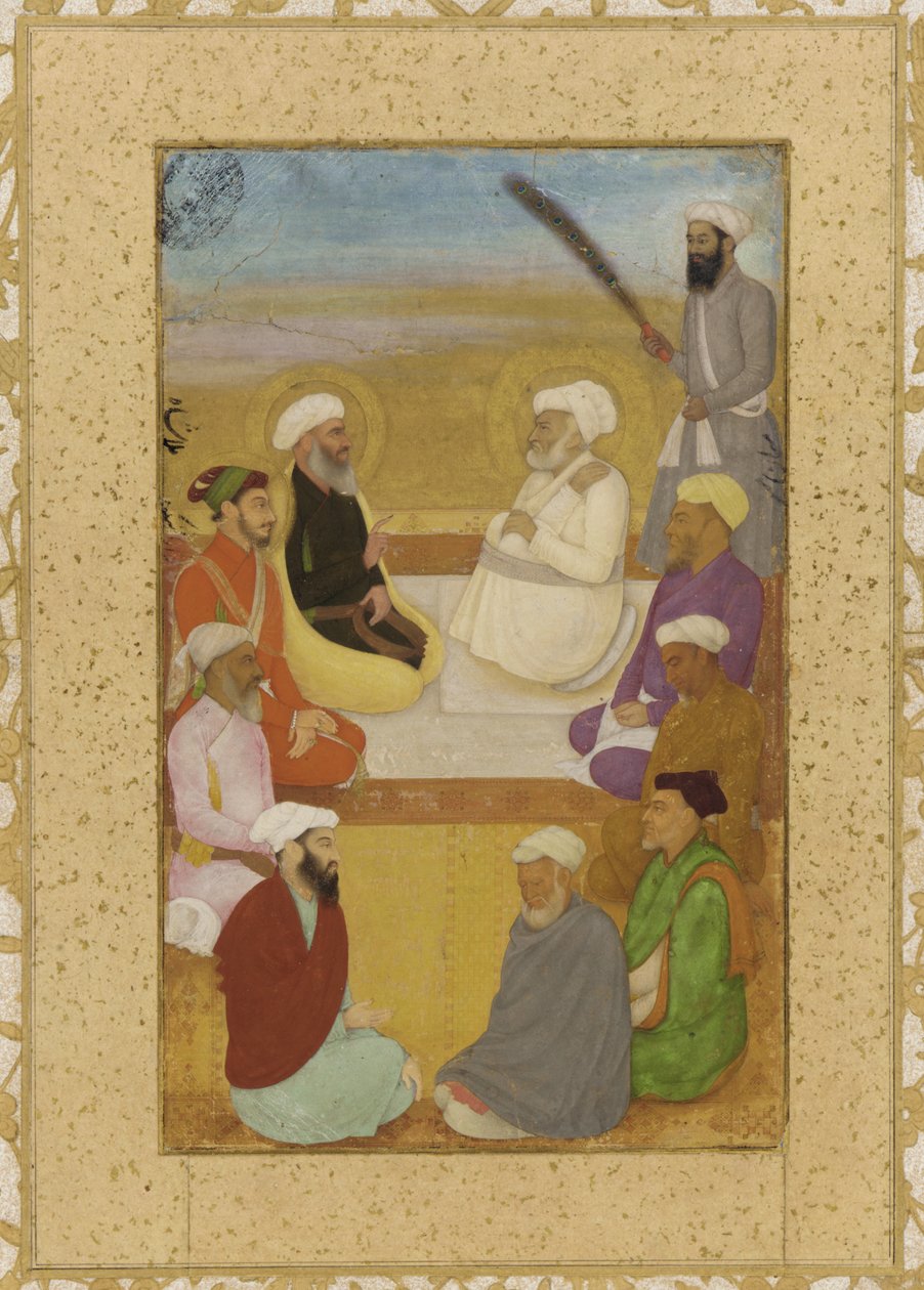 Dara Shikoh med Mian Mir og Mulla Shah, frittstående albumfolio med maleri, ca. 1640 (ugjennomsiktig akvarell, blekk og gull på papirmontert på papp) av Mughal School