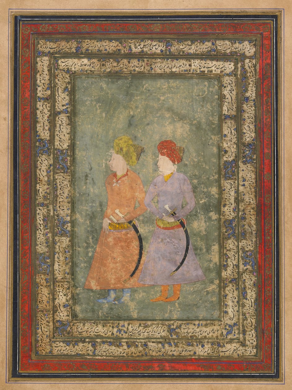 To persiske adelsmenn, frittstående albumfolio med maleri, midten av 1600-tallet (ugjennomsiktig akvarell, blekk og gull på papir) av Mughal School