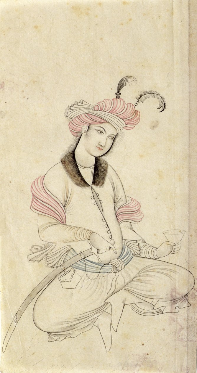 En persisk ungdom, som holder en vinkopp med den andre hånden på sverdets skaft, etter en tidlig 1600-talls original fra Isfahan, ca. 1825-35 (penn, blekk og vask på papir) av Persian School