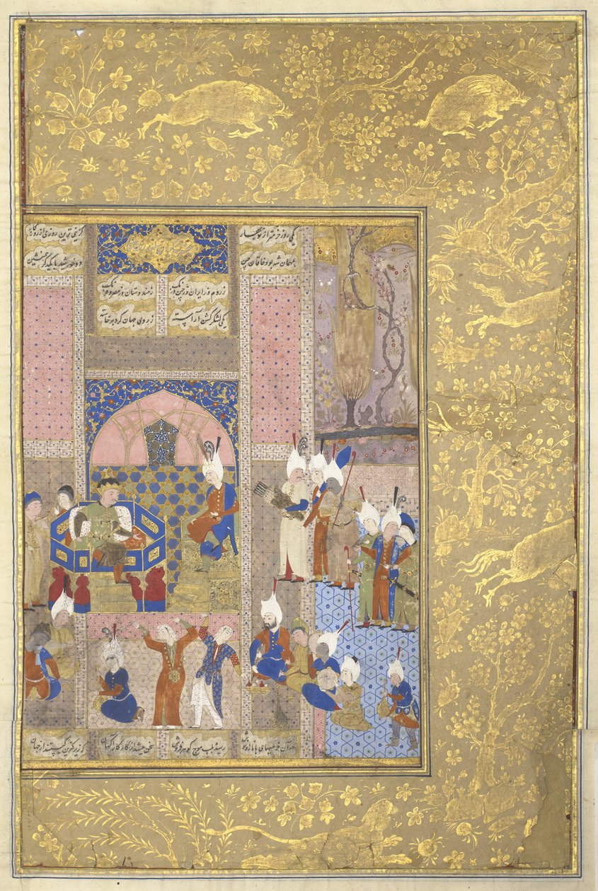 Alexander fester med keiseren av Kina, ca. 1525-50 (blekk, wc og gull på vellum) av Persian School