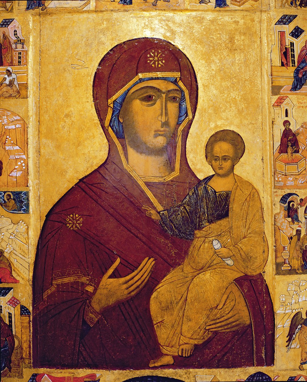 Ikon som viser jomfruen og barnet, ca. 1550 (tempera og bladgull på panel) (detalj av 314500) av Russian School