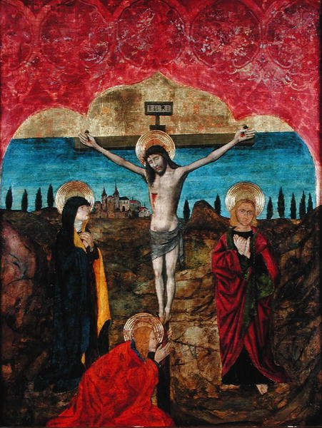 Kristus på korset mellom jomfruen, St. Johannes og Maria Magdalena (tempera på panel) av Spanish School