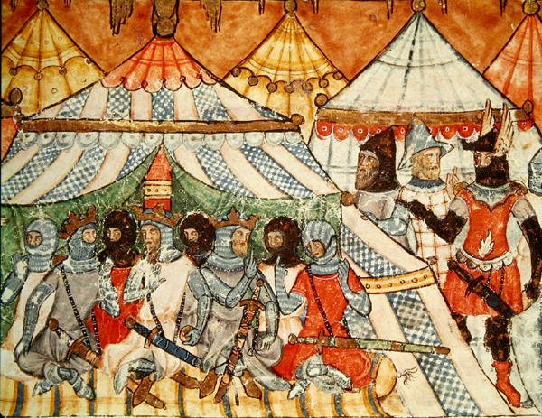 Fol.115r Calchas som overtaler grekerne til ikke å marsjere mot Troja, fra Codex Benito Santa Mora av Spanish School