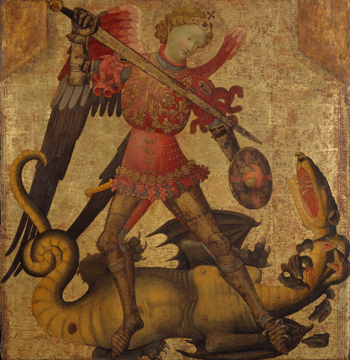 Saint Michael and the Dragon, ca. 1405 (tempera på tre, gullslipt) av Spanish School