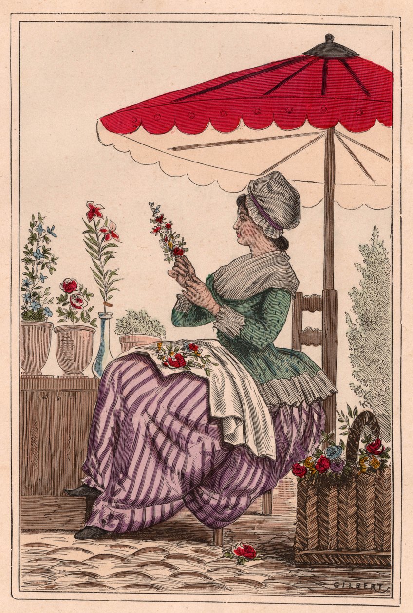 En blomsterjente som sitter under en paraply og lager buketter med røde blomster (fargegravering) av Unknown
