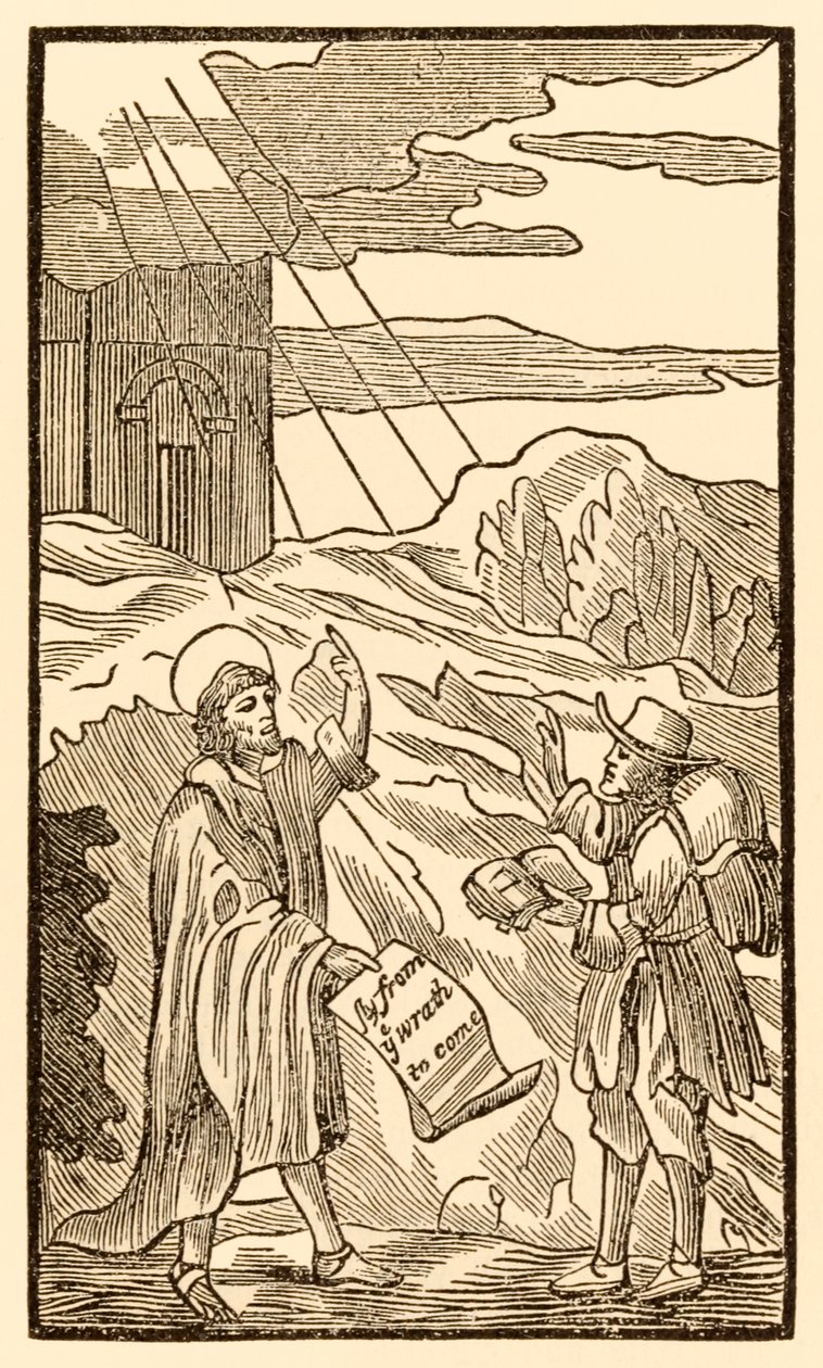 Christian forlater ikke verden før, men møter evangelist fra The Pilgrims Progress From This World, To That What Is To Come av John Bunyan (1628-1688) av Unknown