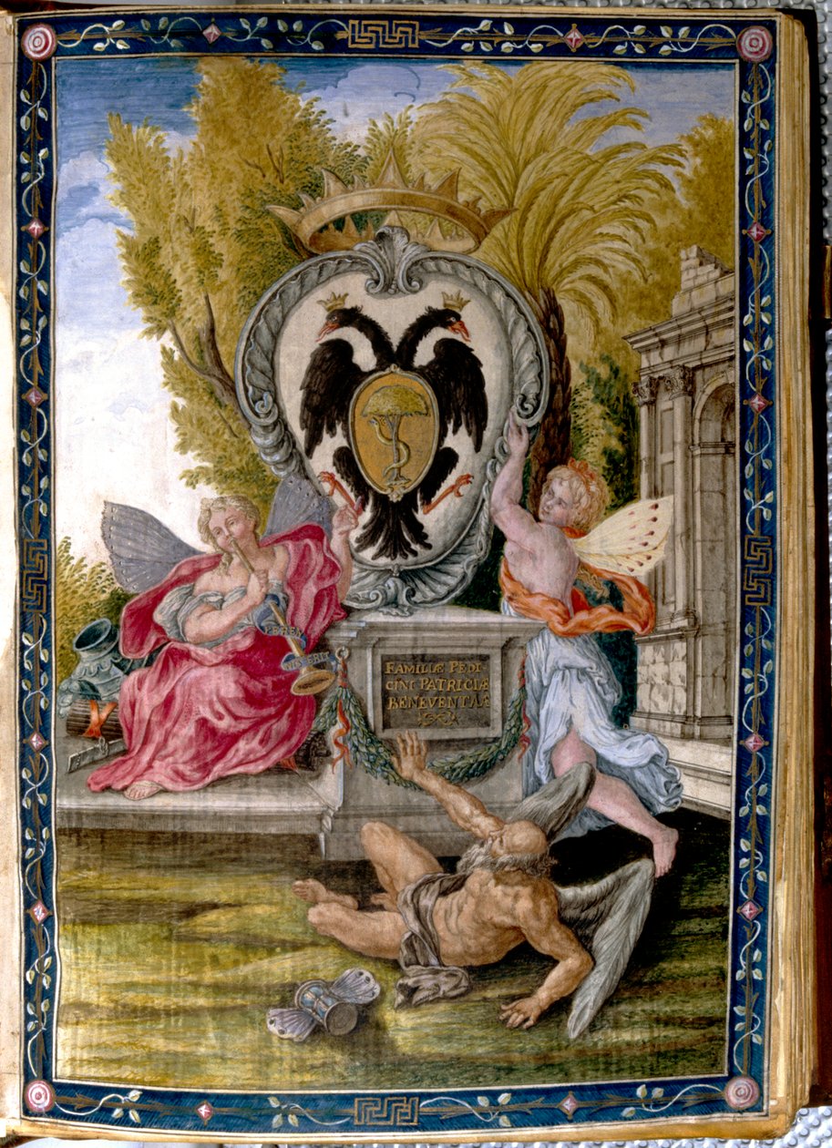Crest av en adelig familie fra Benevento, Pedicini: opplyst side fra Missal kjent som Dragone, plassert i Biblioteca Capitolare i Benevento av Unknown