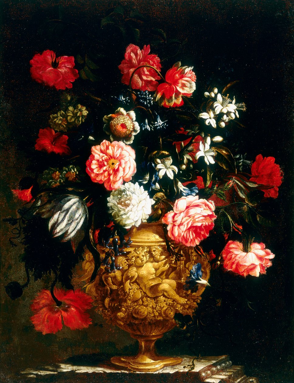 Preget vase med blomster, av en anonym maler av Unknown
