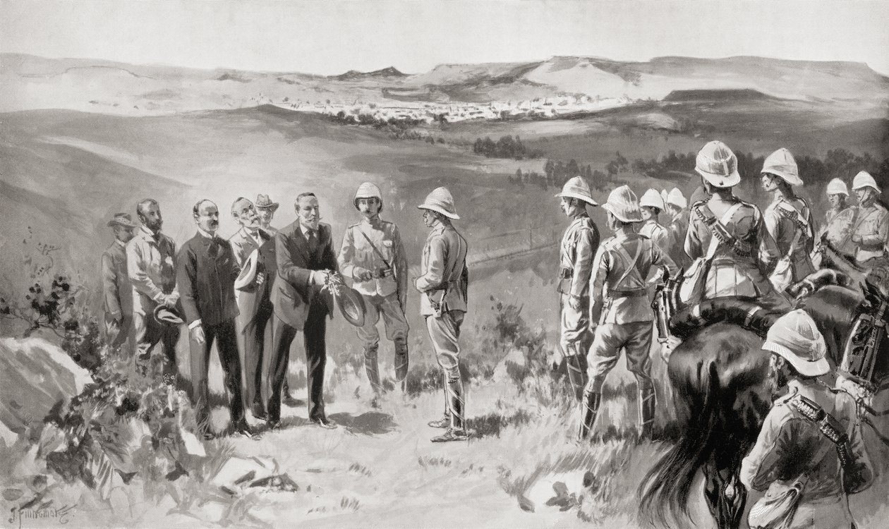 Den formelle overgivelsen av Bloefontein til Lord Roberts av Mr, Pappenfus, Mr, Kellner og Mr, Collins 14. mars 1900, fra boken South Africa and the Transvaal War av Louis Creswicke, pub. 1900 av Unknown