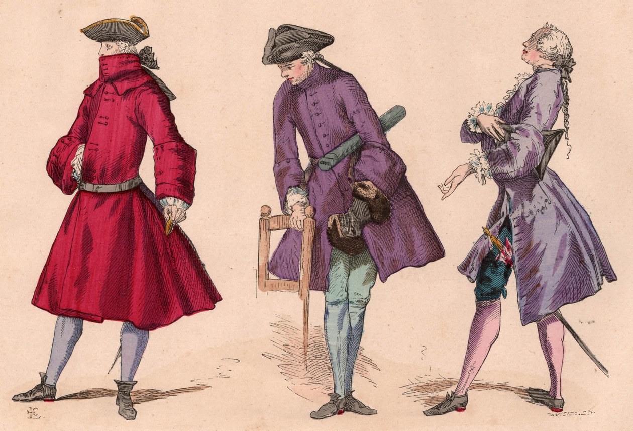 Tre menn i kostymer fra det attende århundre med frakker og tricorn-hatter, inkludert en borgerlig kjole og seremonikjole (fargegravering) av Unknown