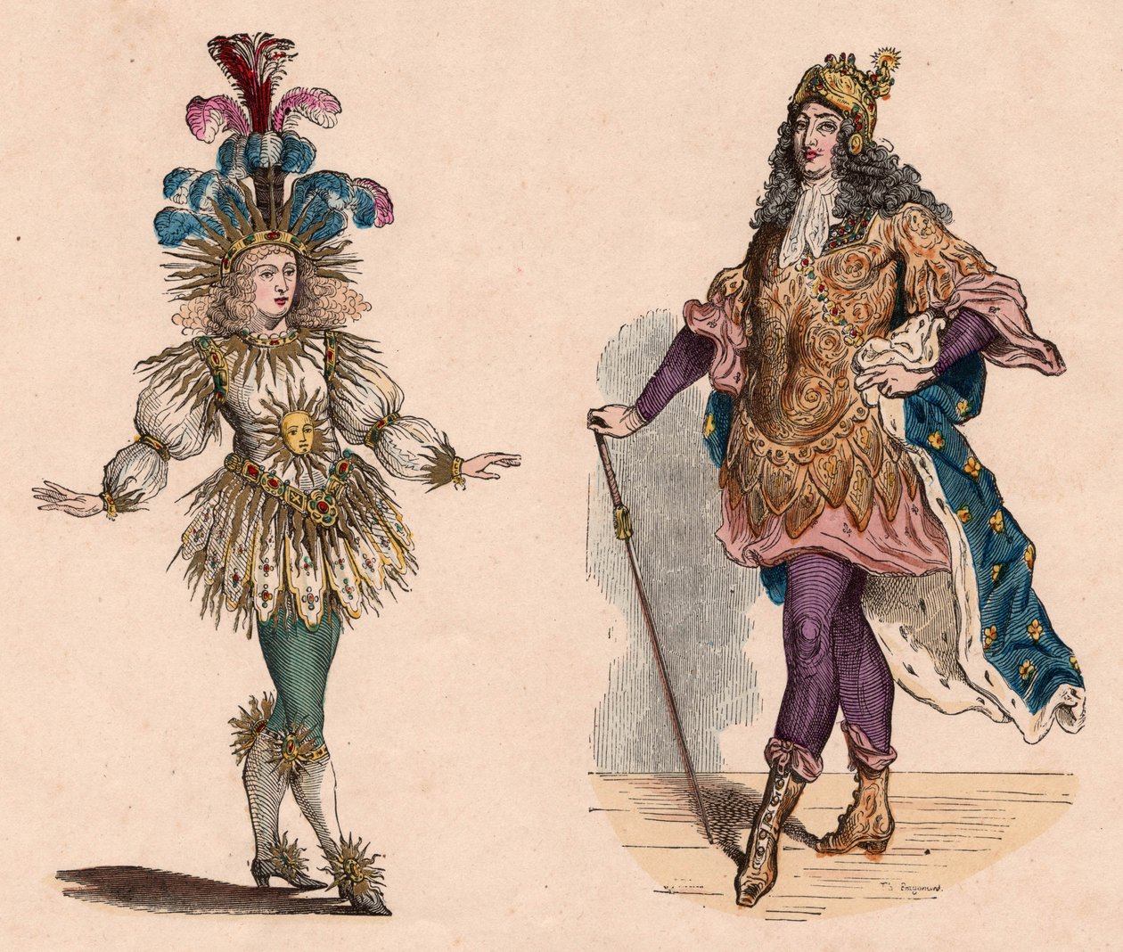 To visninger av Louis XIV i dress: en for teatret som fremkaller solen med strutsefjær, en for karusellen, med rustninger og kappeliljer av Unknown