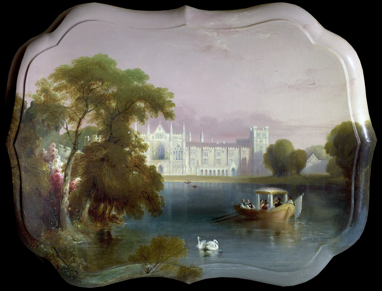 West View of Newstead Abbey, Nottinghamshire, inkludert en båtfest på Upper Lake (olje på pappmache) av Unknown