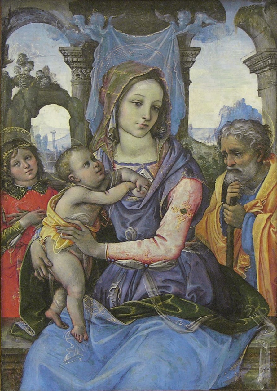 Madonna og barn med Saint Joseph og en engel, ca. 1490 (tempera på lerret, overført fra tre) av 1476 1524 Capponi