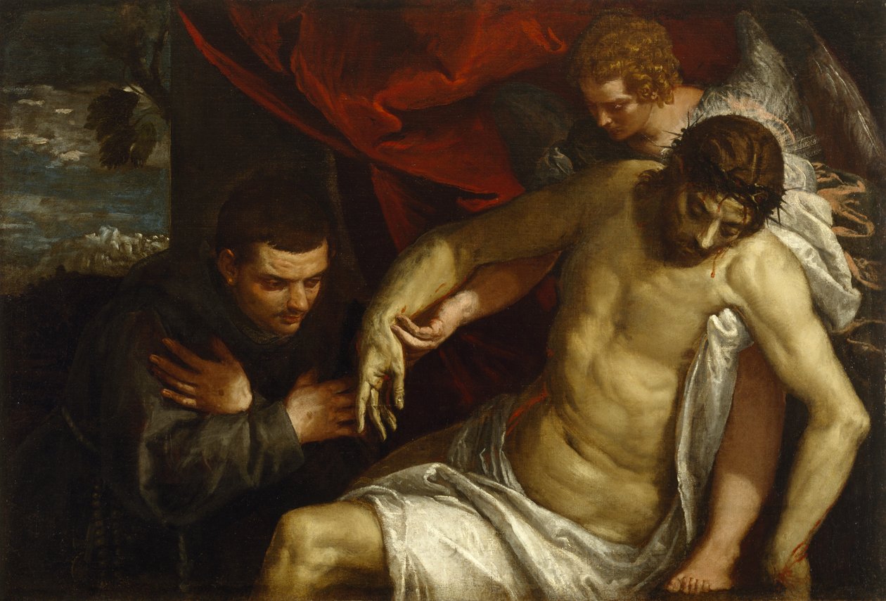 Den døde Kristus støttet av en engel og tilbedt av en fransiskaner, ca. 1586-87 av Paolo Veronese