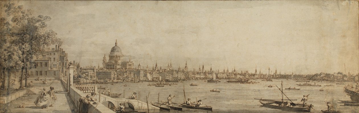 Themsen og City of London fra Terrace of Somerset House (penn og brunt blekk med grå vask på papir) av Giovanni Antonio Canal