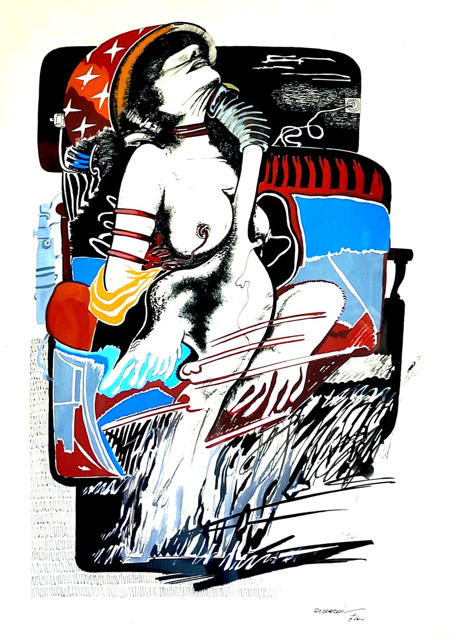 GC Riccardi, Leda med svanen, 1974, Tinte auf Papier, 50x70, Italia. av Gian Carlo Riccardi