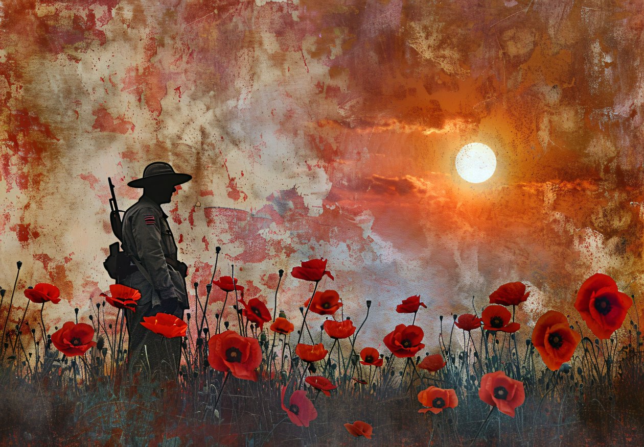 Silhuett av en soldat i et felt med valmueblomster av F. Abderrahim