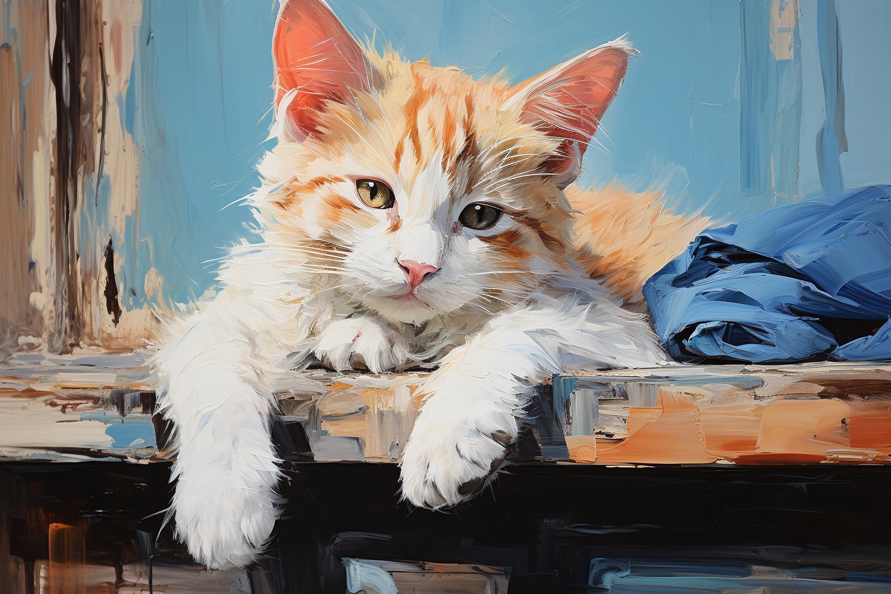 Maleri av blond katt som hviler på lerret, kunsttrykk av kjæledyr, veggdekor av dyr av F. Abderrahim
