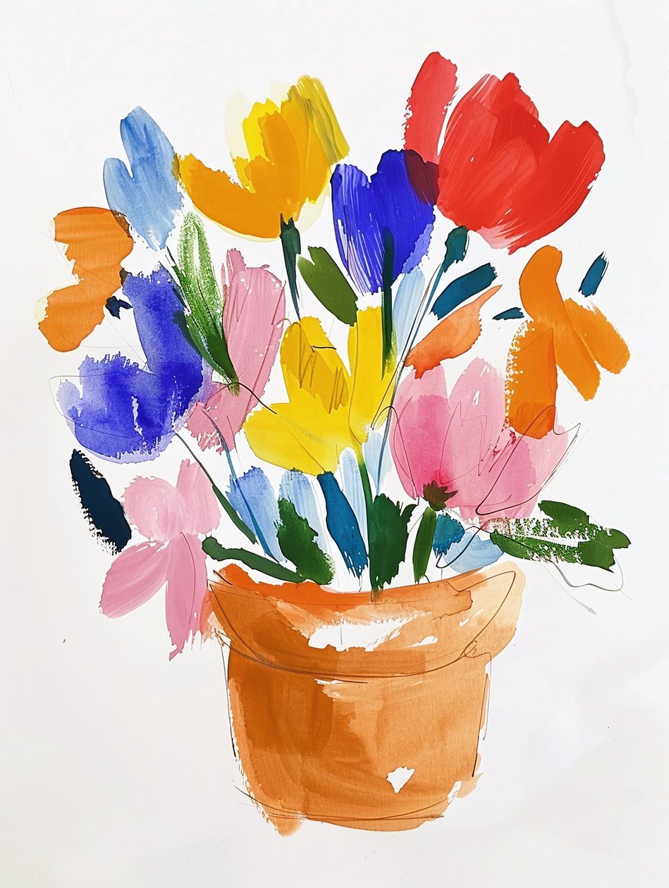 Fargerike akvarellblomster i en vase | botaniske veggkunsttrykk av F. Abderrahim
