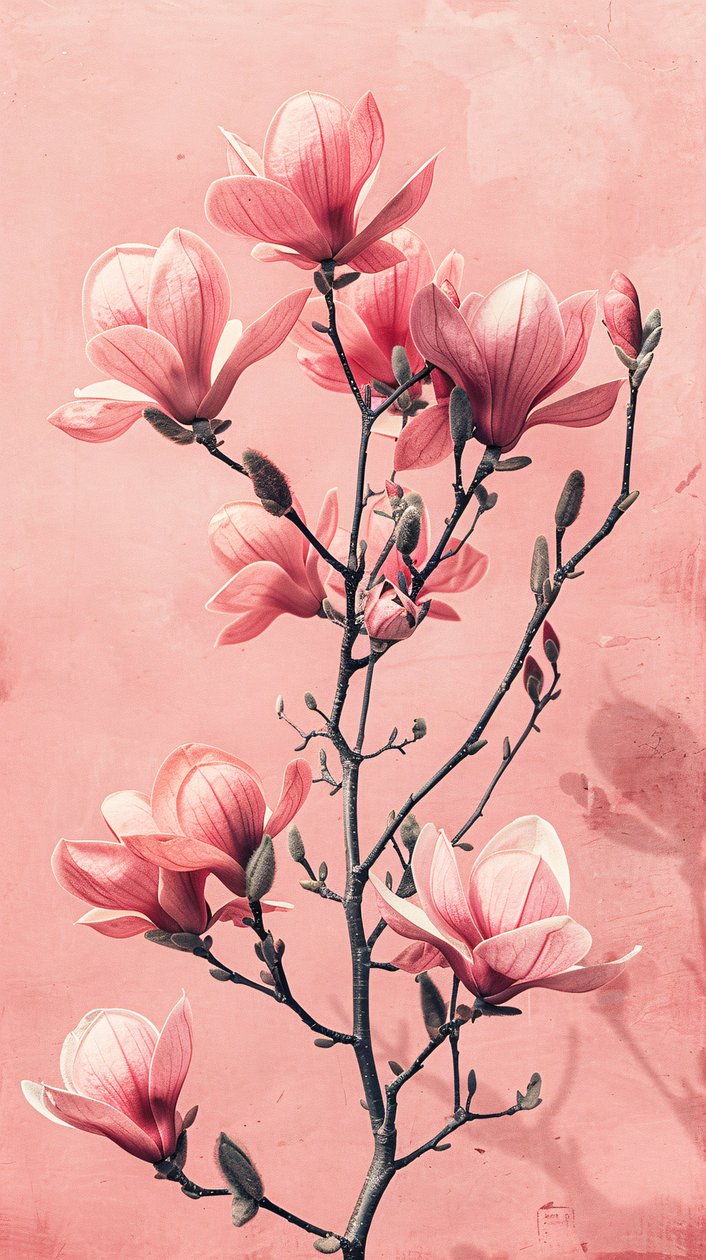 Minimalistisk rosa og grå blomster, botanisk veggdekor til soverommet av F. Abderrahim