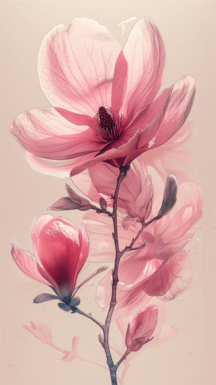 Minimalistisk enlinjeskisse av rosa grå blomster, botanisk veggdekor av F. Abderrahim