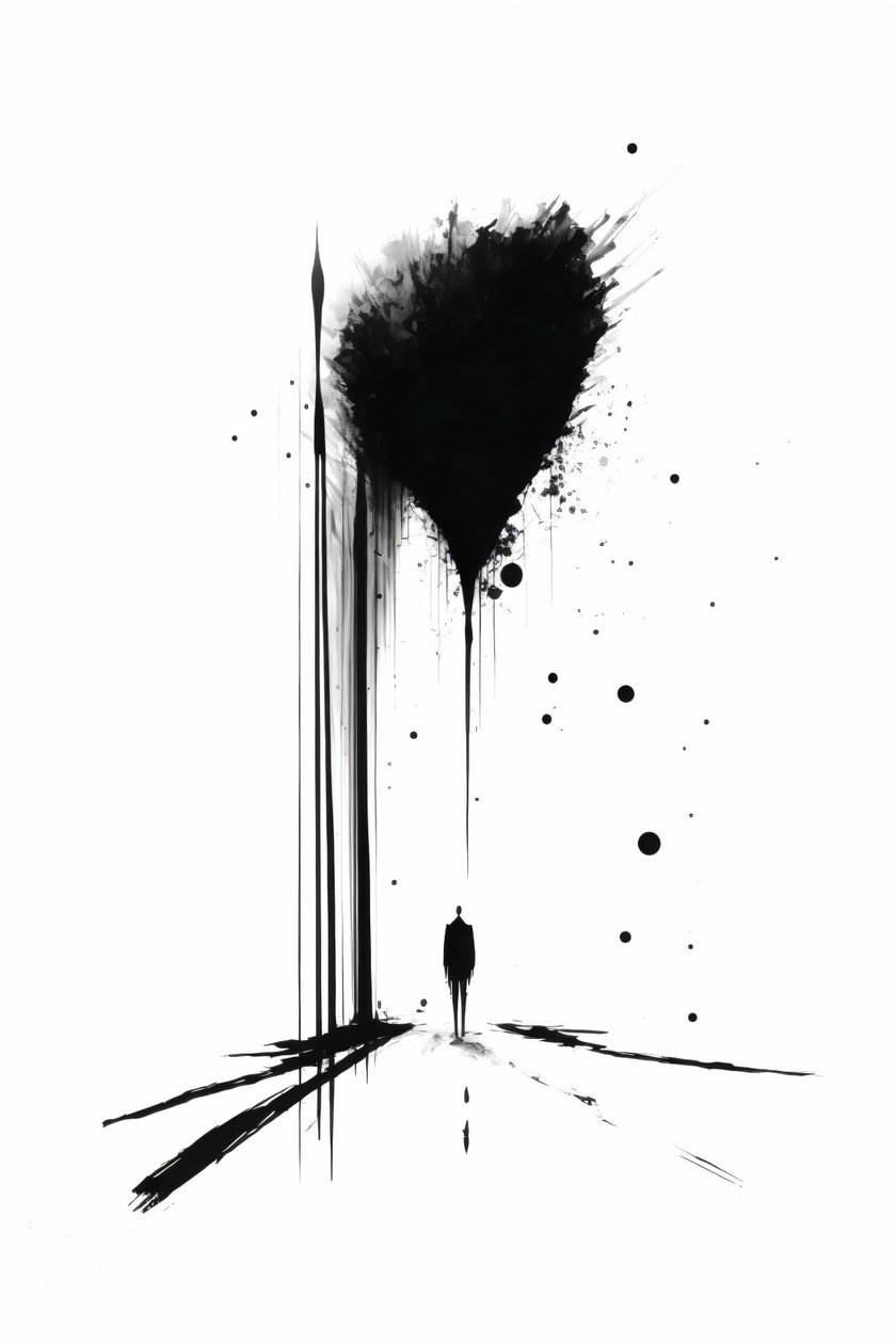 Abstrakt svart-hvitt konseptuell kunst Silhuett av ensomhet, lerretstrykk av F. Abderrahim