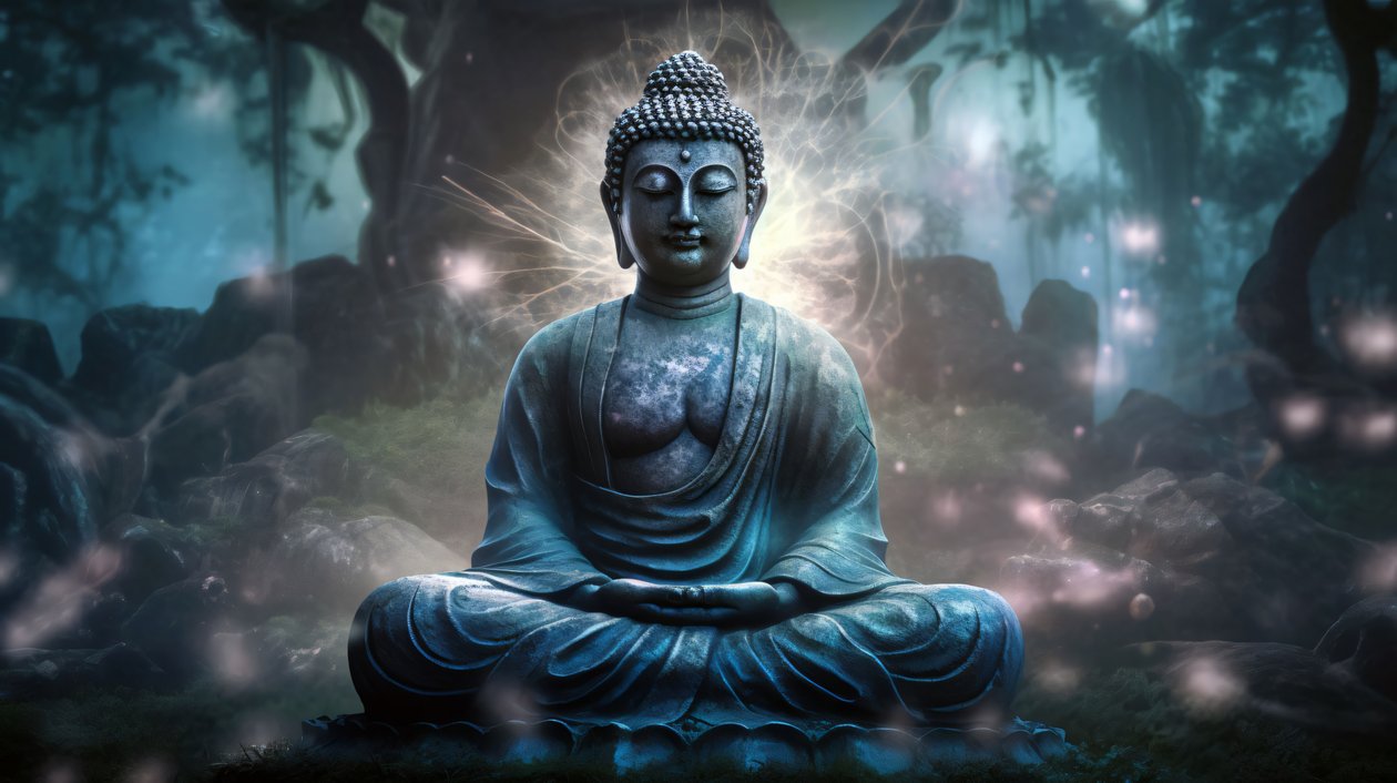 Buddha sittende i fredelig meditasjon, et spirituelt buddhistisk lerret, innrammede veggkunsttrykk av F. Abderrahim