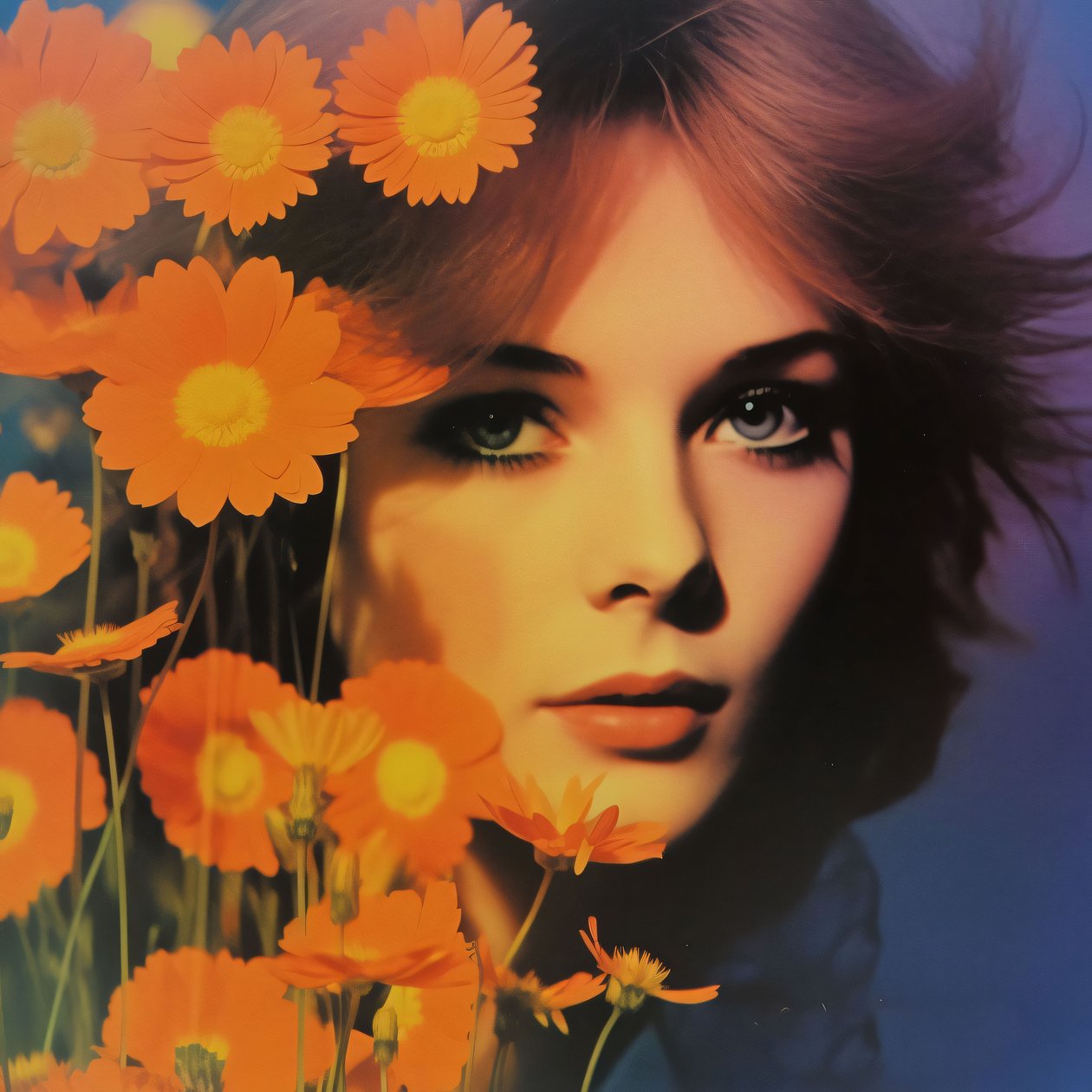 Vintage kvinneportrett og blomster, A Retro Floral Vision, kunsttrykk på nett av F. Abderrahim