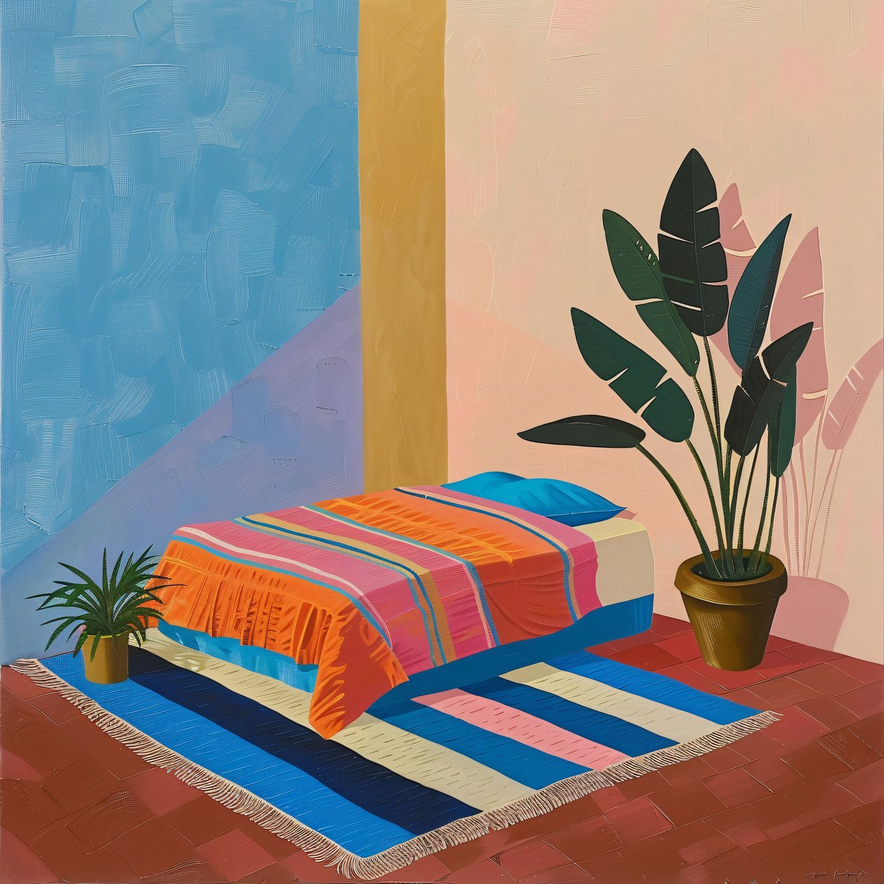 Minimalistisk meksikansk seng i David Hockney-stil, veggkunsttrykk på forespørsel av F. Abderrahim