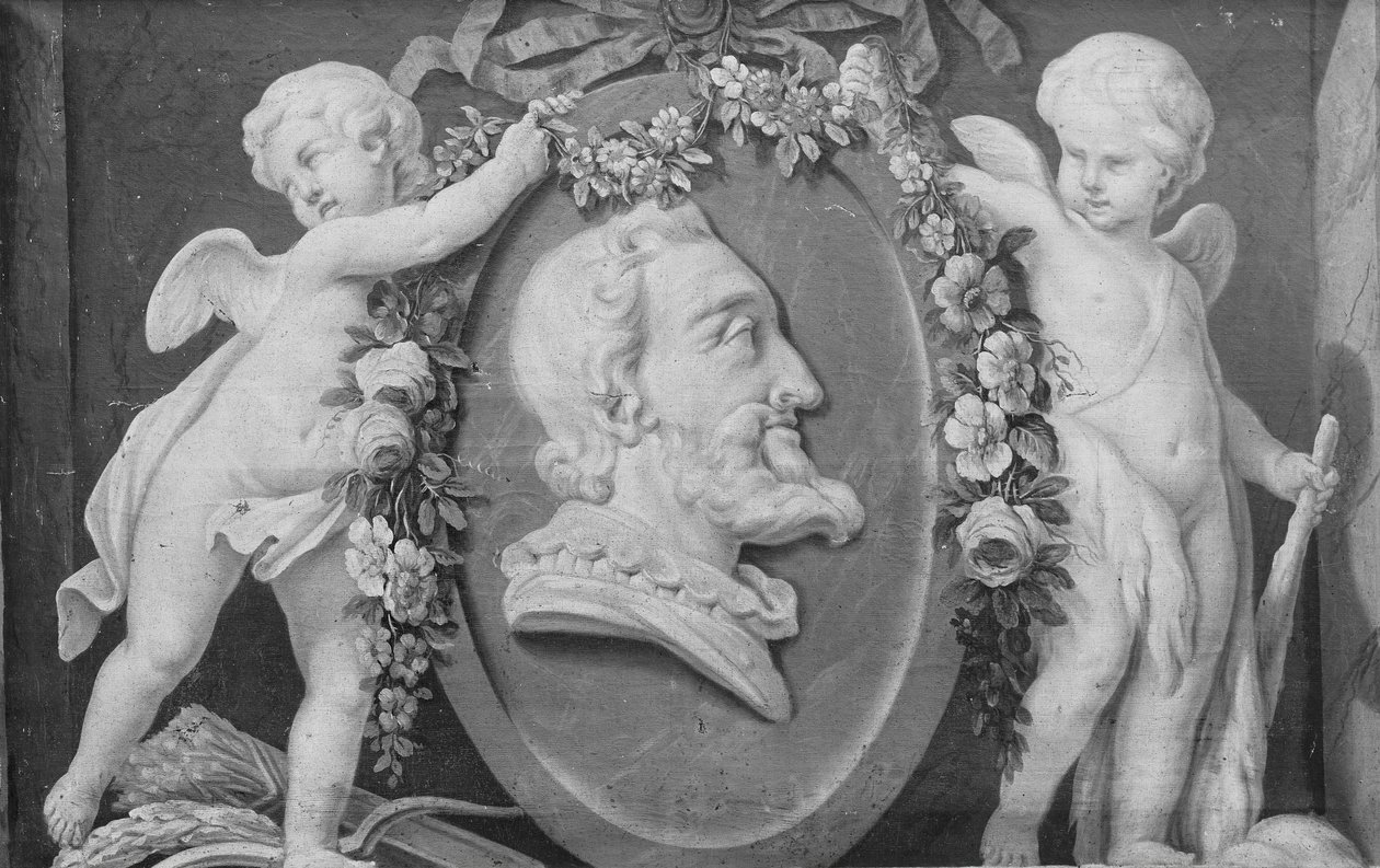 Byste av Henri IV i oval medaljong med blå bunn støttet av to amoriner, 1700-tallet. av 18th century . French Painter