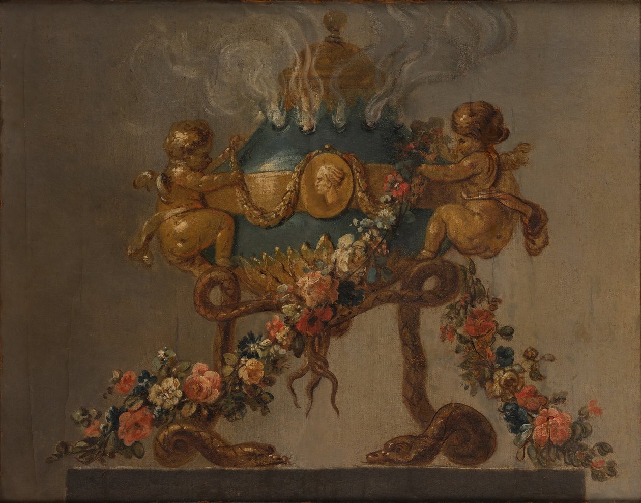 Parfymebrenner støttet av amorini og slanger og kranset med blomster, 1700-tallet. av 18th century . French Painter